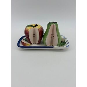 Bella Casa by Ganz Salt Pepper Shaker Set Red Apple Green Pear Fruit Tray Decor